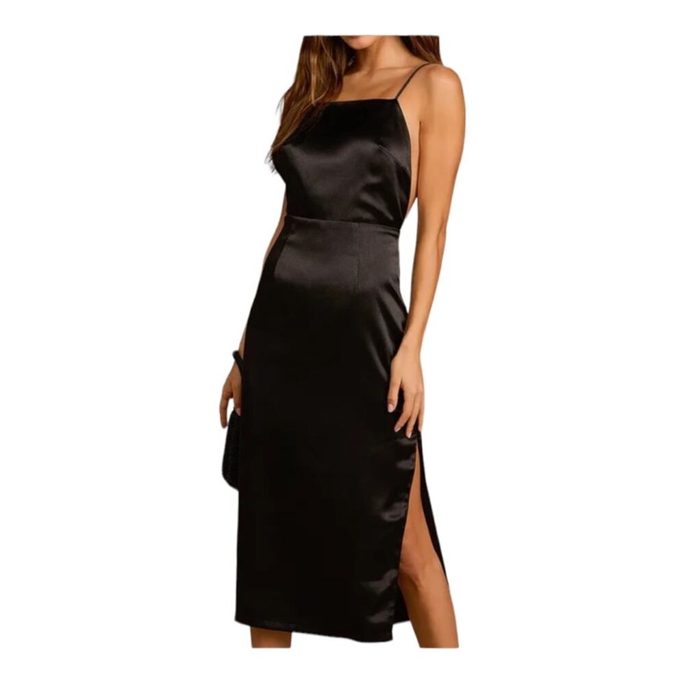 LULU’S Women’s Small Adoring Attitude Black Satin Column Midi Dress